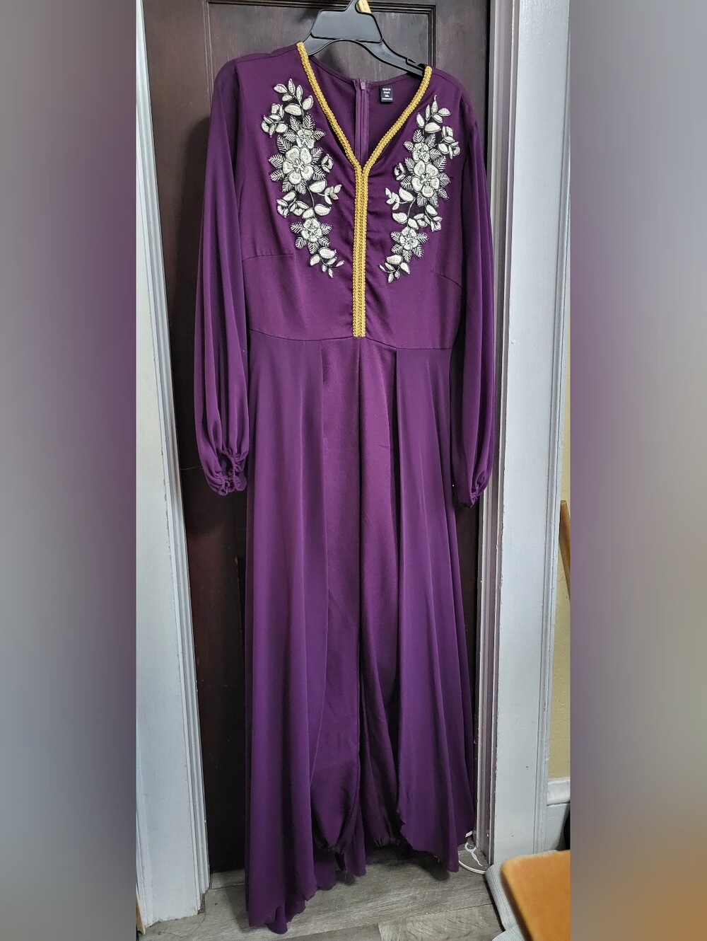 SHEIN Purple Long Sleeve Embroidered Jumpsuit with Gold Trim